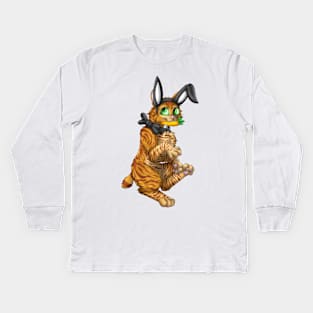 Bobtail BunnyCat: Ginger Tabby (Black) Kids Long Sleeve T-Shirt